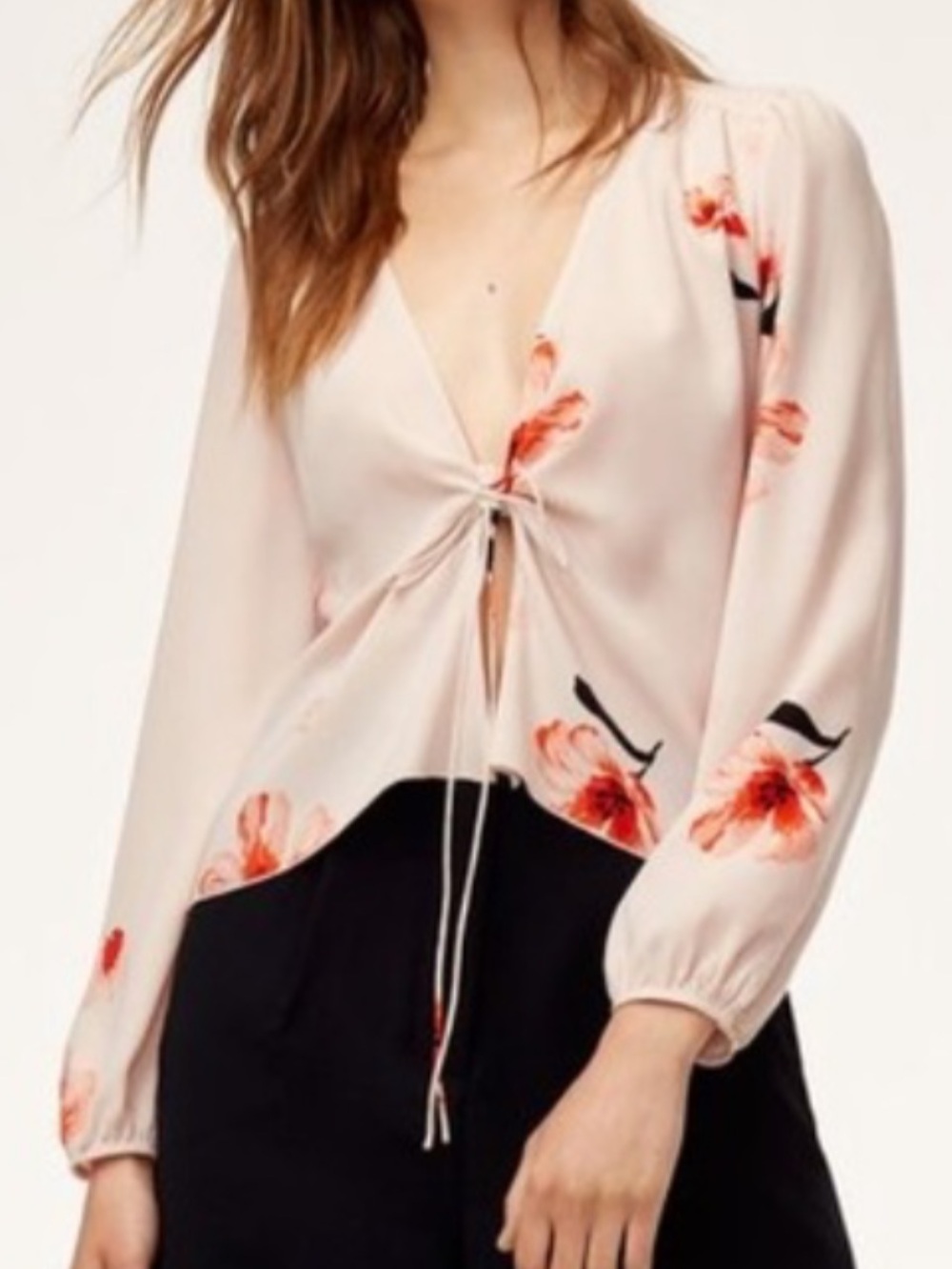 Aritzia Wilfred -Tie Front Floral V-Neck Long-Sleeve Top